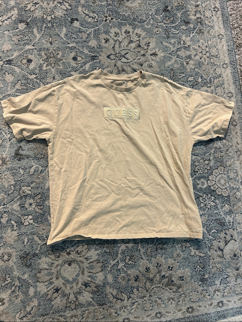 GUESS Cream Embroidered Logo Crewneck Tee